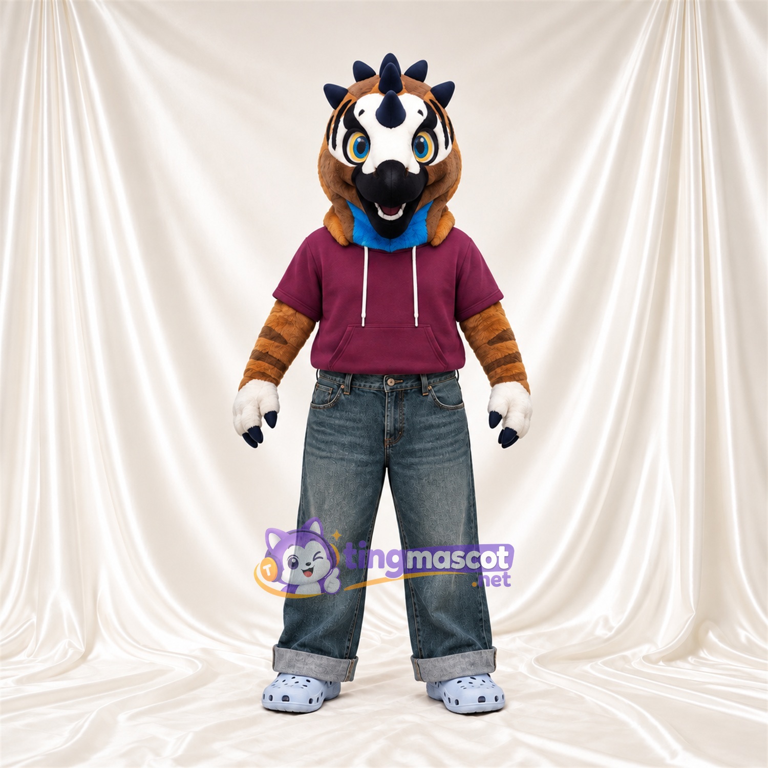 Costume de mascotte Dragon – orange – Sweat à capuche (violet); Bout de la queue (bleu) Costume de mascotte Dragon – orange – Sweat à capuche (violet); Bout de la queue (bleu)