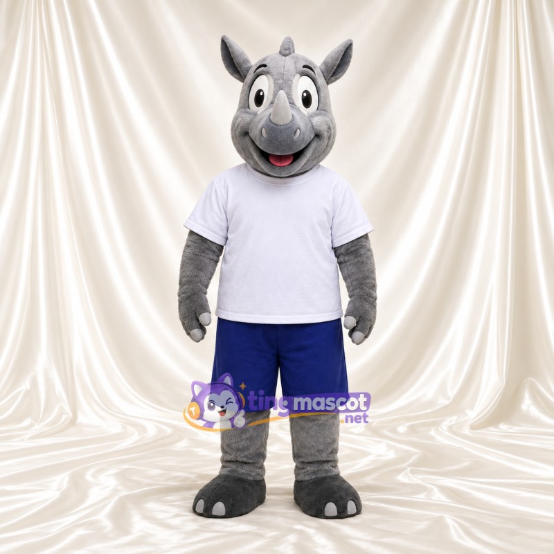 Costume de mascotte Rhinocéros – gris – Chemise (blanc); Short (bleu)