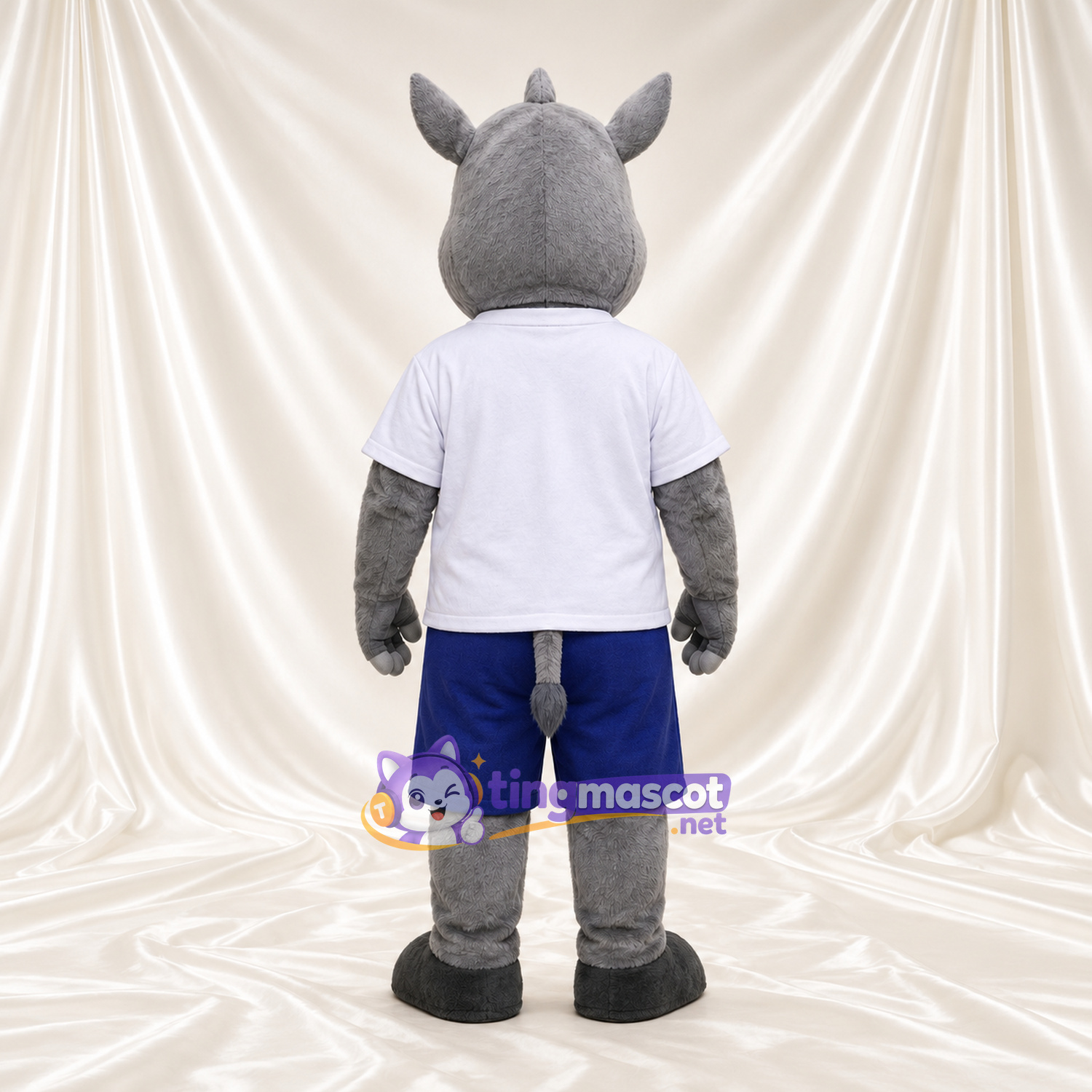 Costume de mascotte Rhinocéros – gris – Chemise (blanc); Short (bleu) Costume de mascotte Rhinocéros – gris – Chemise (blanc); Short (bleu)