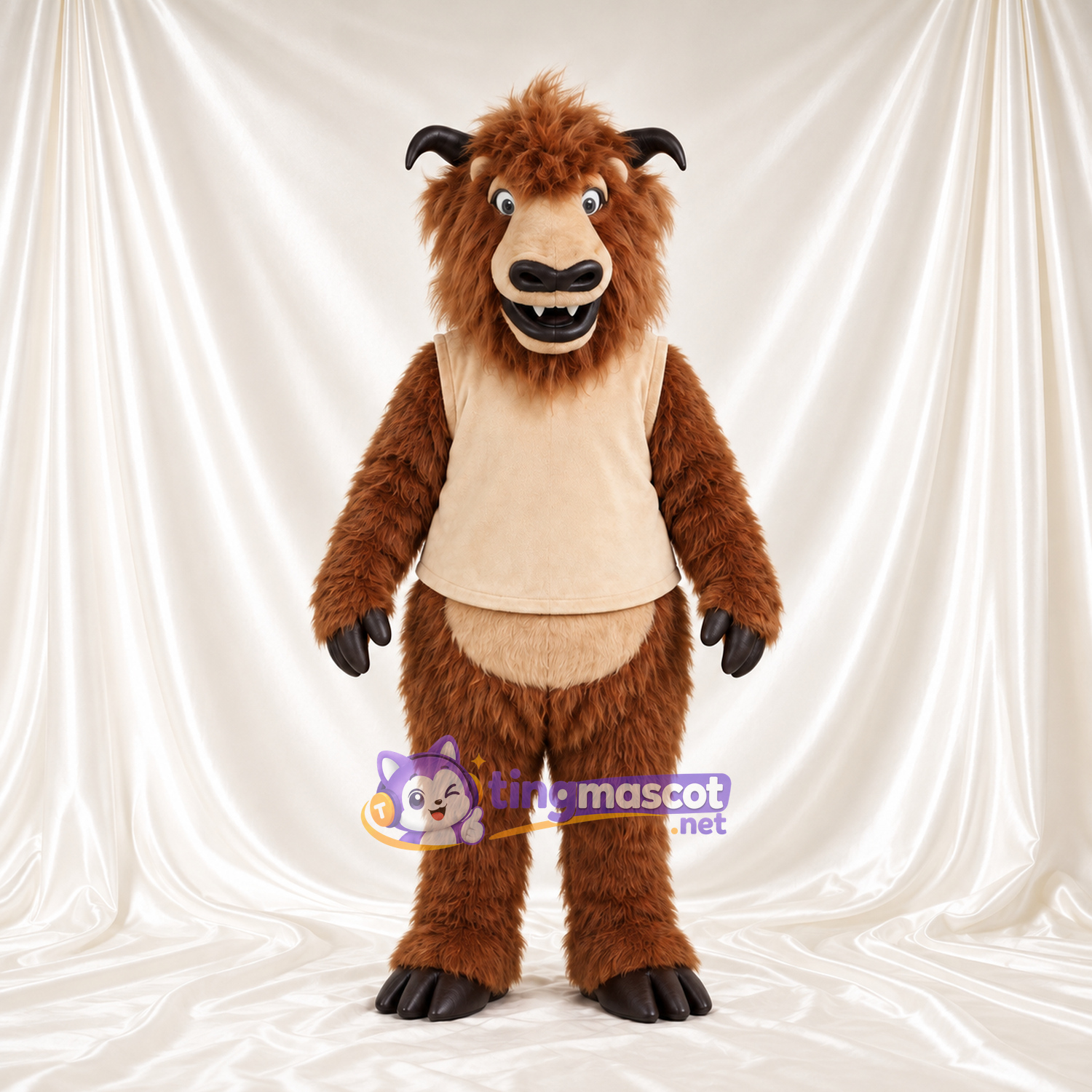 Costume de mascotte Bison – marron – Gilet (crème); Crinière (marron) Costume de mascotte Bison – marron – Gilet (crème); Crinière (marron)