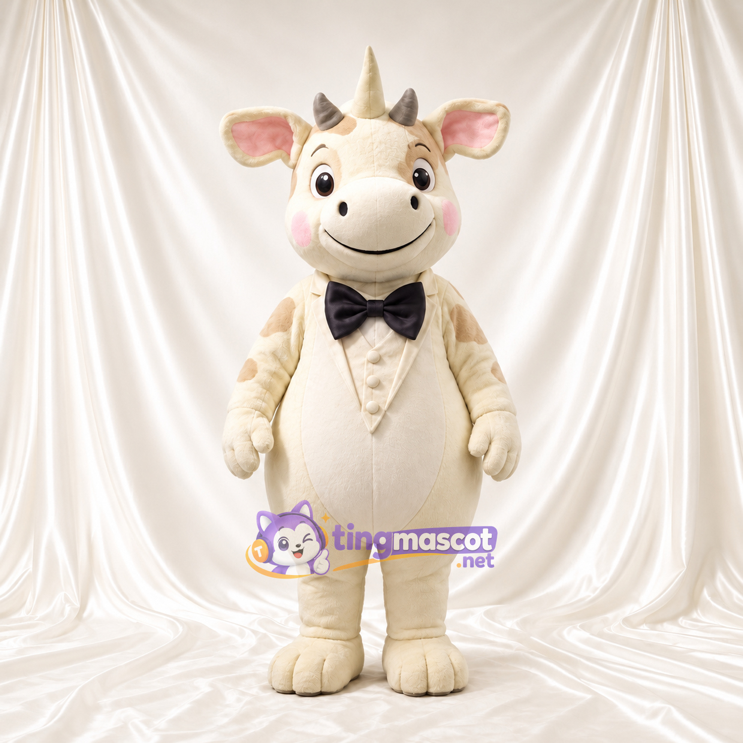 Cream Fantasy Creature Mascot Costume - Three Horns and Black Bow Tie Cream Fantasy Creature Mascot Costume - Three Horns and Black Bow Tie