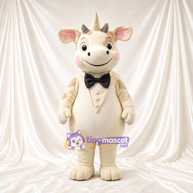 Cream Fantasy Creature Mascot Costume - Three Horns and Black Bow Tie Cream Fantasy Creature Mascot Costume - Three Horns and Black Bow Tie