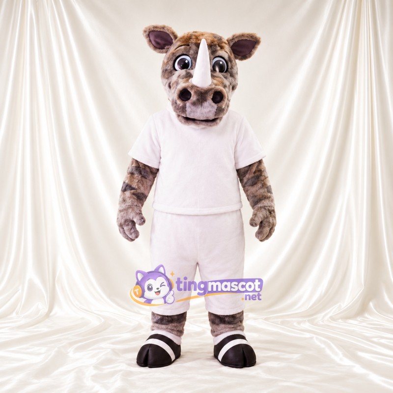 Brown and White Rhinoceros Mascot Costume - White Outfit Brown and White Rhinoceros Mascot Costume - White Outfit