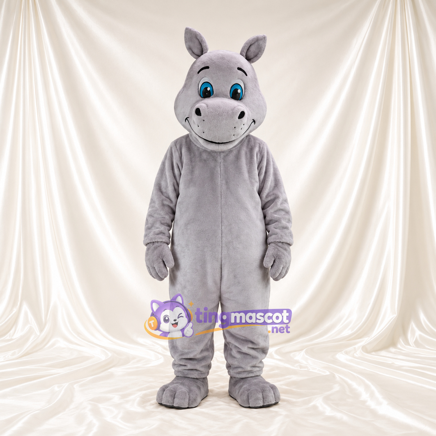 Costume de mascotte Hippopotame – gris – Museau (gris); Yeux (bleu) Costume de mascotte Hippopotame – gris – Museau (gris); Yeux (bleu)