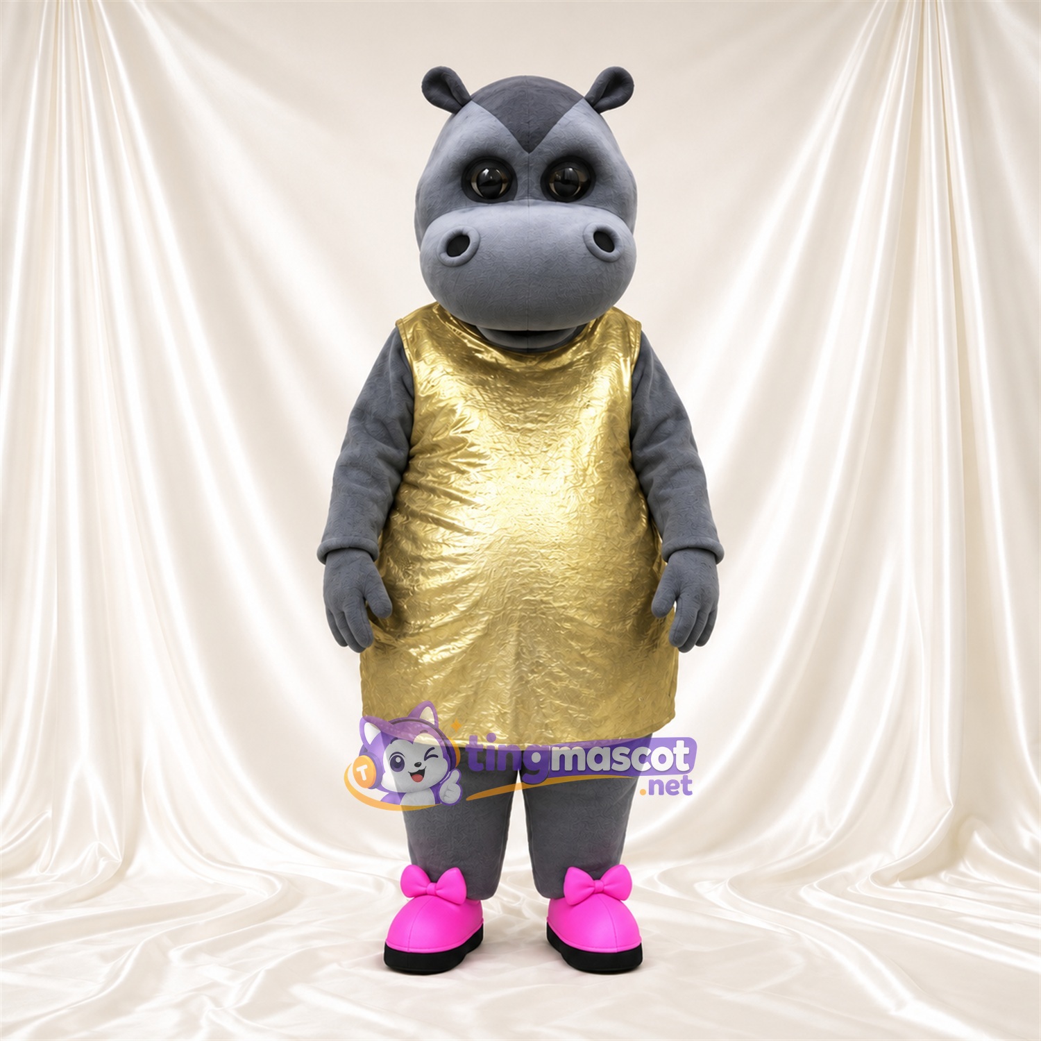 Costume de mascotte Hippopotame – gris – Robe (doré) Costume de mascotte Hippopotame – gris – Robe (doré)