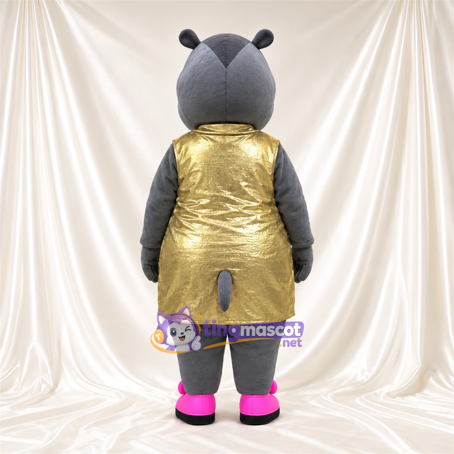 Costume de mascotte Hippopotame – gris – Robe (doré) Costume de mascotte Hippopotame – gris – Robe (doré)