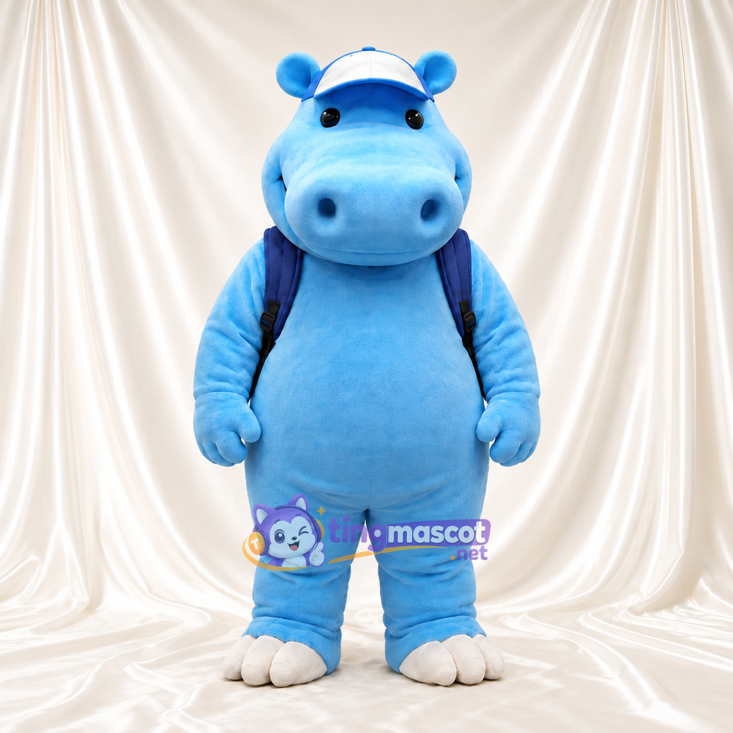 Blue Hippopotamus Mascot Costume - Blue Cap and Backpack Blue Hippopotamus Mascot Costume - Blue Cap and Backpack