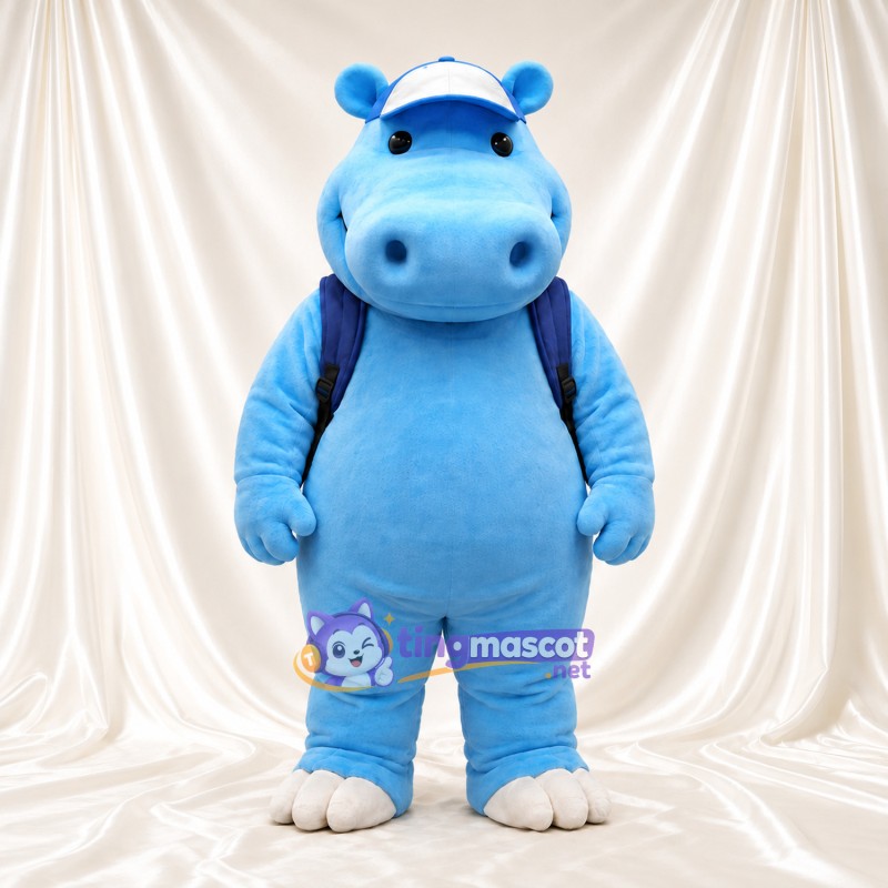Blue Hippopotamus Mascot Costume - Blue Cap and Backpack Blue Hippopotamus Mascot Costume - Blue Cap and Backpack