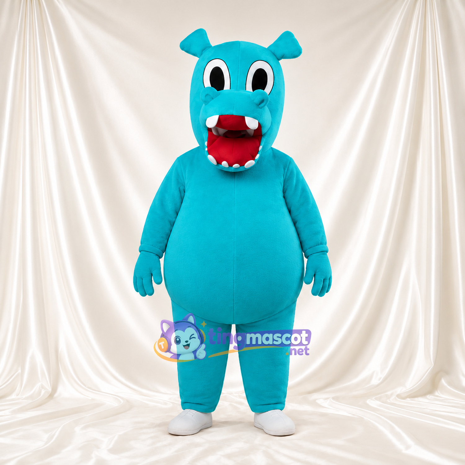 Costume de mascotte Hippopotame – bleu – Pieds (blanc); Bouche ouverte Costume de mascotte Hippopotame – bleu – Pieds (blanc); Bouche ouverte