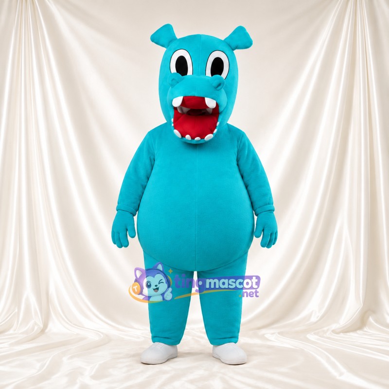 Costume de mascotte Hippopotame – bleu – Pieds (blanc); Bouche ouverte Costume de mascotte Hippopotame – bleu – Pieds (blanc); Bouche ouverte