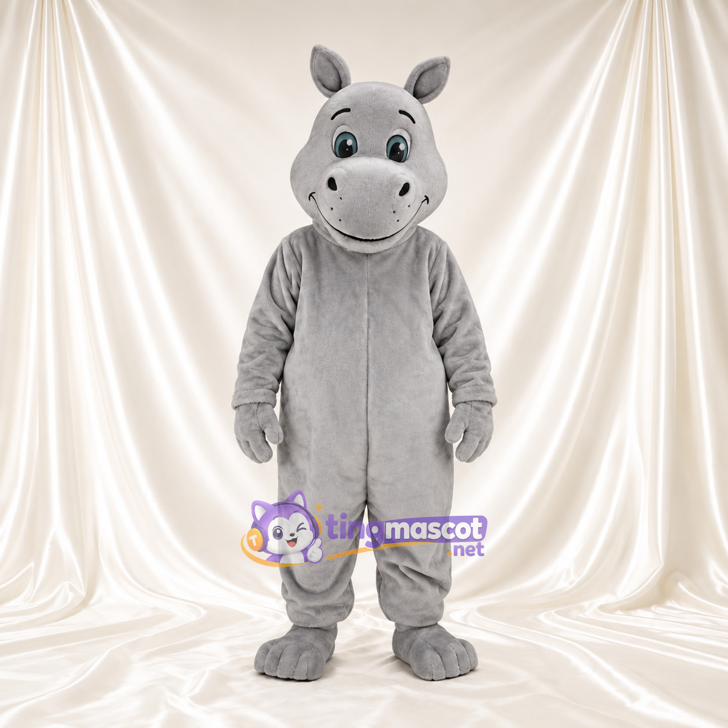 Costume de mascotte Hippopotame – gris – Visage souriant; Yeux (vert) Costume de mascotte Hippopotame – gris – Visage souriant; Yeux (vert)