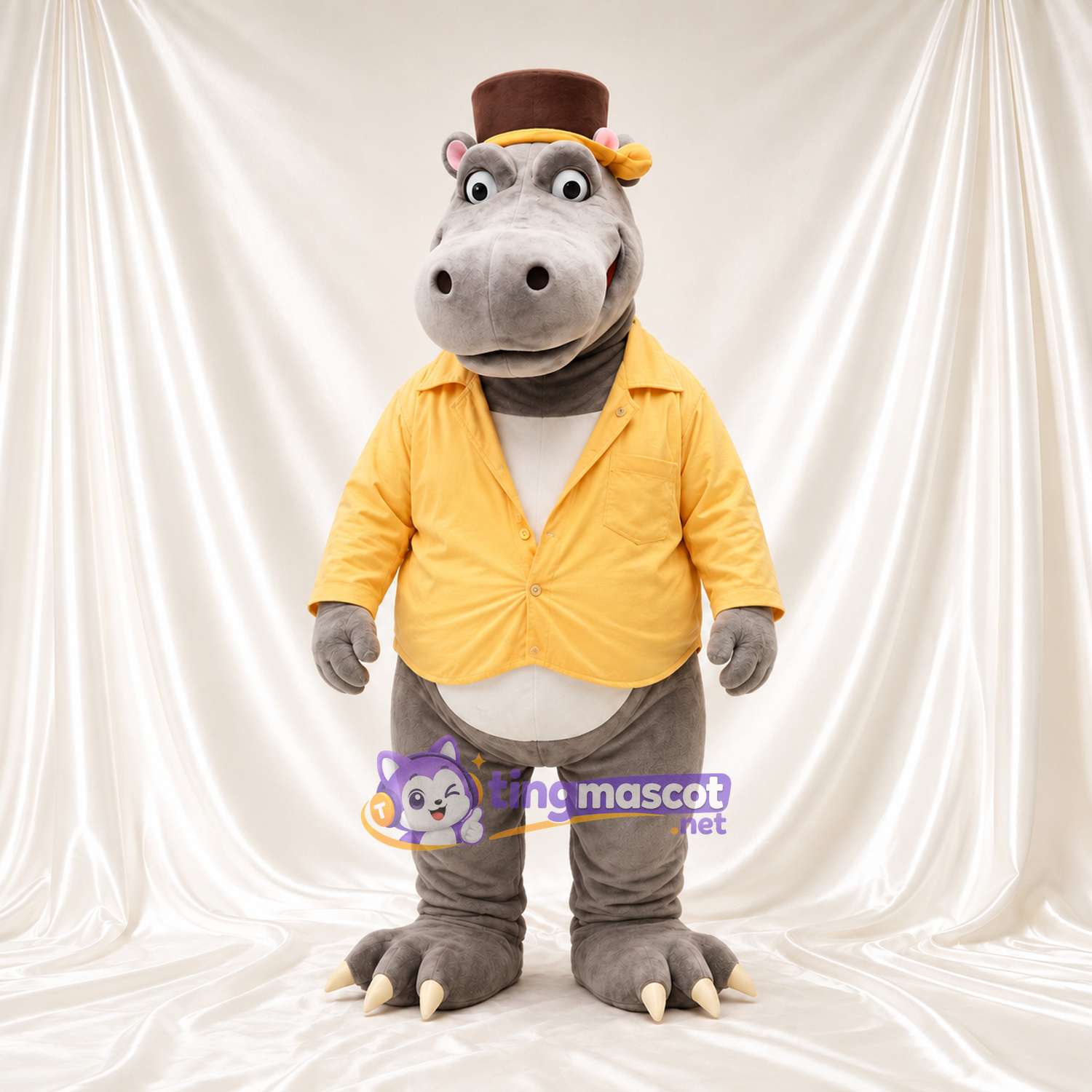 Costume de mascotte Hippopotame – gris – Chemise (jaune); Haut-de-forme Costume de mascotte Hippopotame – gris – Chemise (jaune); Haut-de-forme
