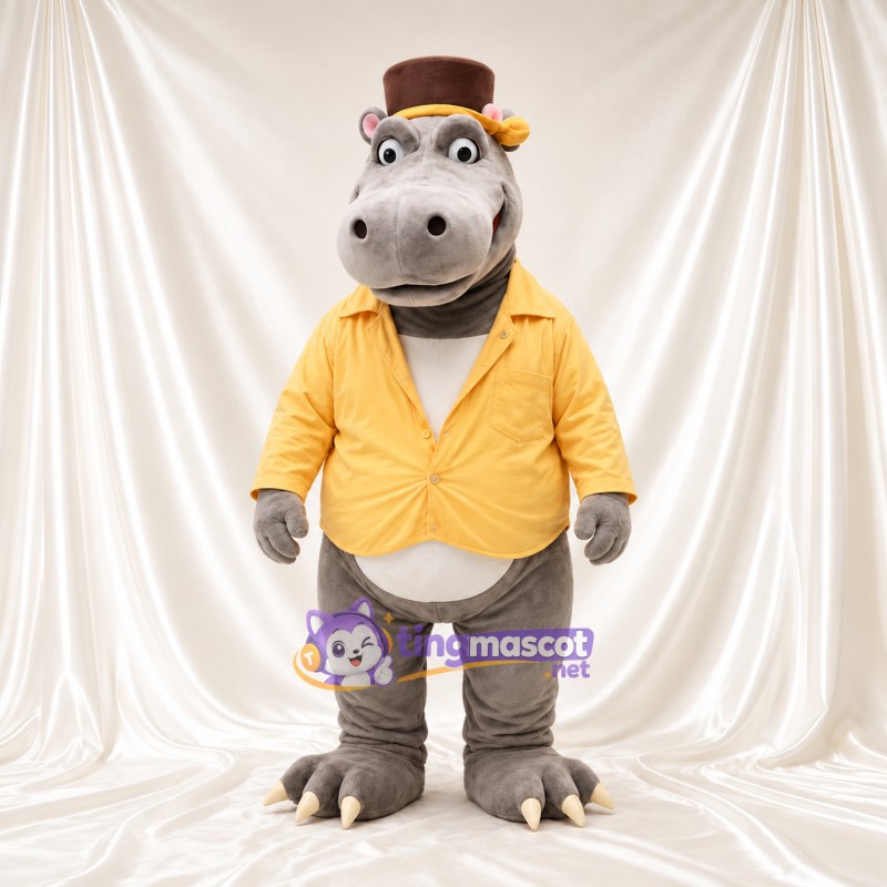 Costume de mascotte Hippopotame – gris – Chemise (jaune); Haut-de-forme