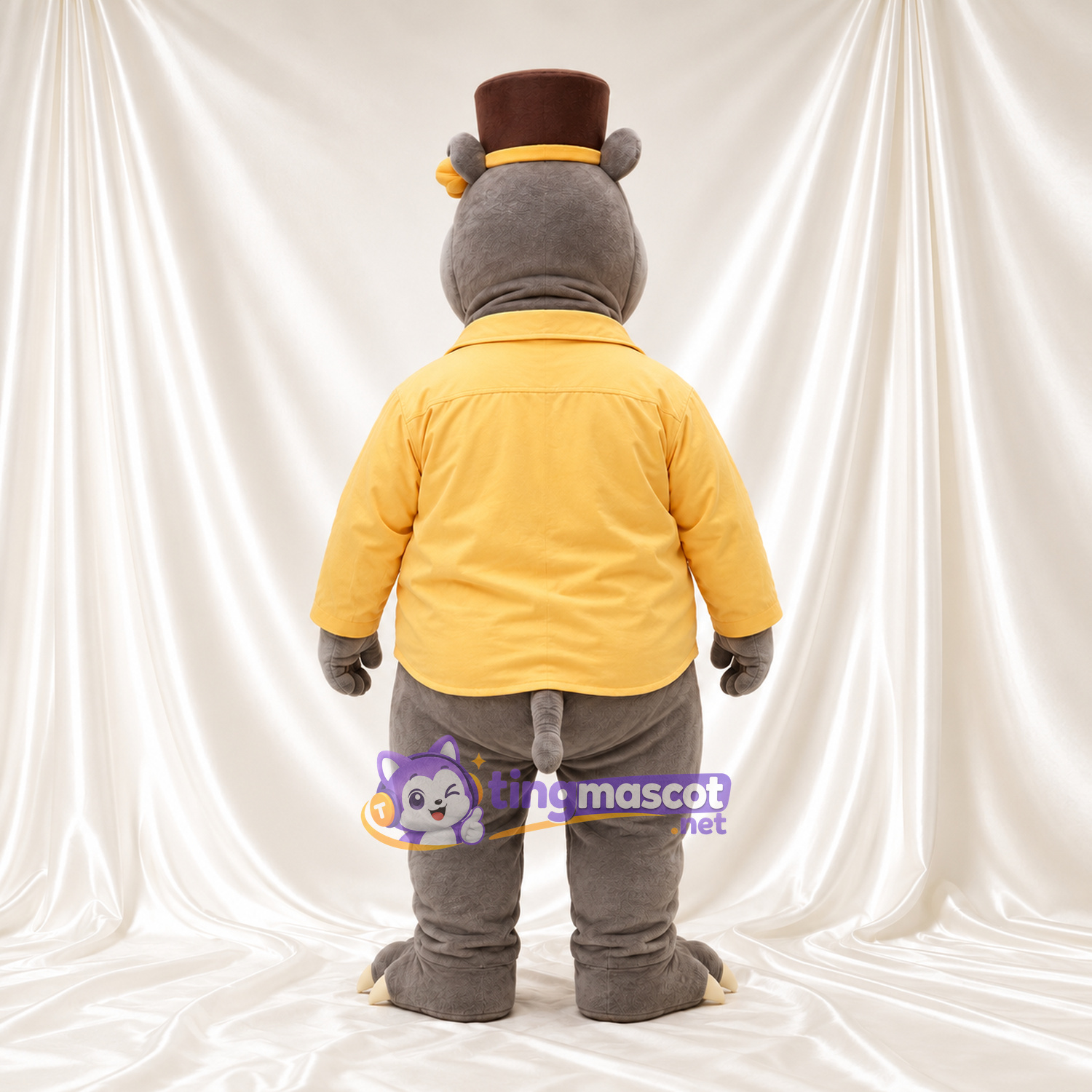 Costume de mascotte Hippopotame – gris – Chemise (jaune); Haut-de-forme Costume de mascotte Hippopotame – gris – Chemise (jaune); Haut-de-forme