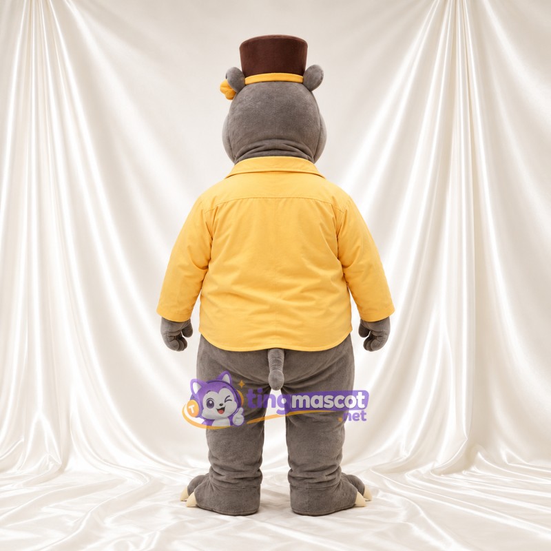 Costume de mascotte Hippopotame – gris – Chemise (jaune); Haut-de-forme Costume de mascotte Hippopotame – gris – Chemise (jaune); Haut-de-forme