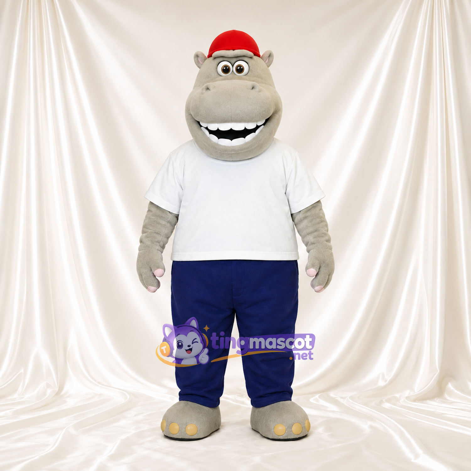 Costume de mascotte Hippopotame – gris – Chemise (blanc); Casquette (rouge) Costume de mascotte Hippopotame – gris – Chemise (blanc); Casquette (rouge)