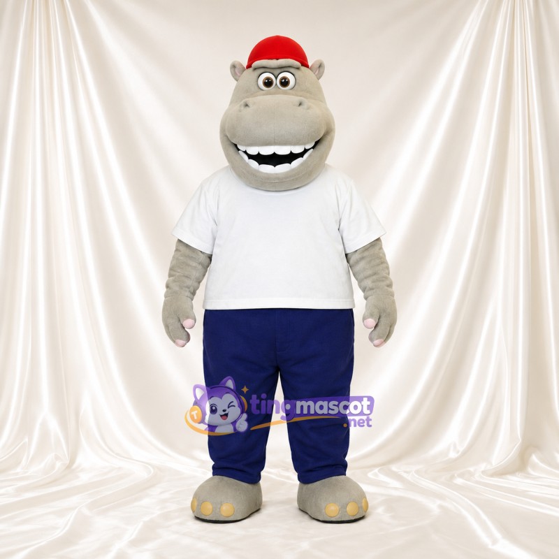 Costume de mascotte Hippopotame – gris – Chemise (blanc); Casquette (rouge)