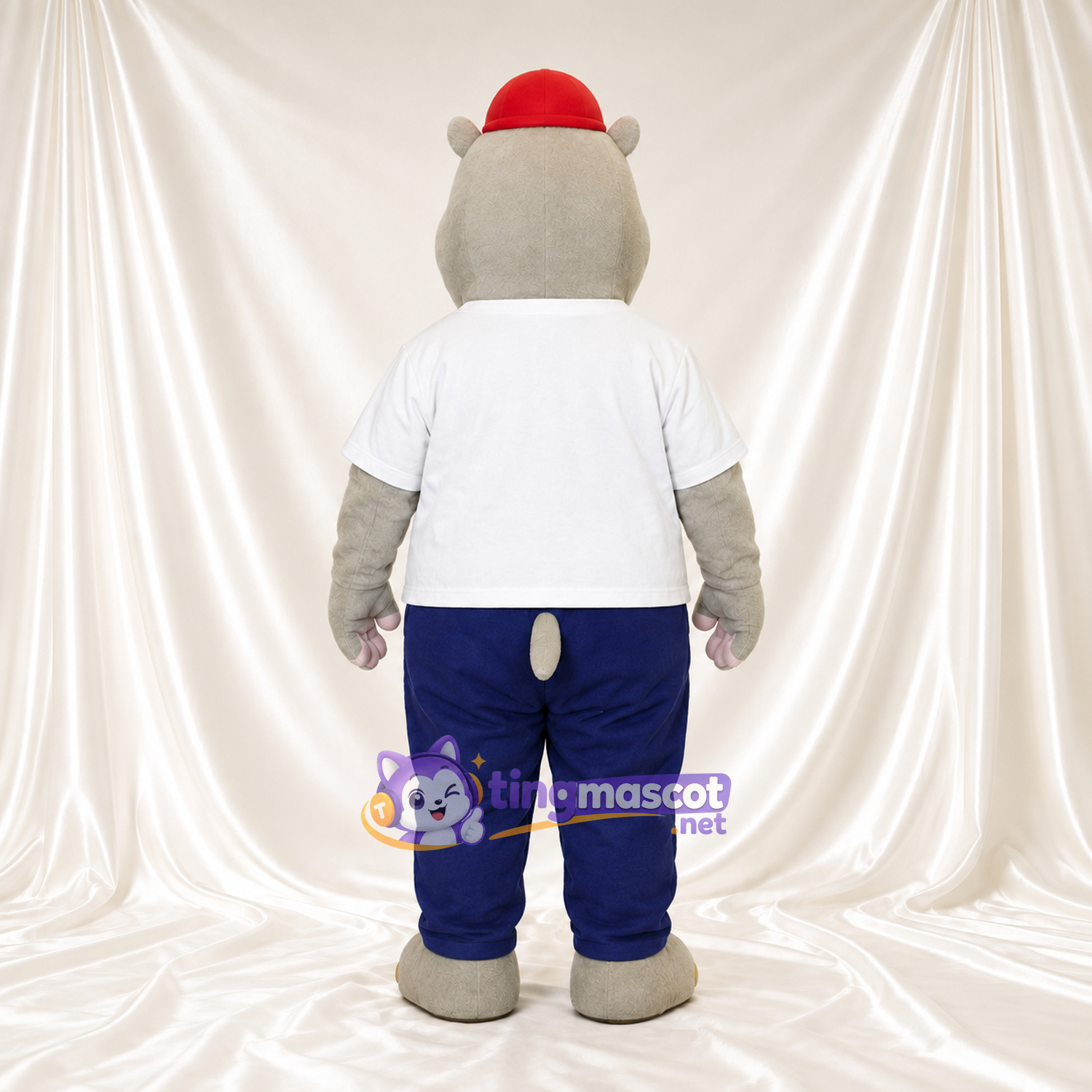 Costume de mascotte Hippopotame – gris – Chemise (blanc); Casquette (rouge) Costume de mascotte Hippopotame – gris – Chemise (blanc); Casquette (rouge)