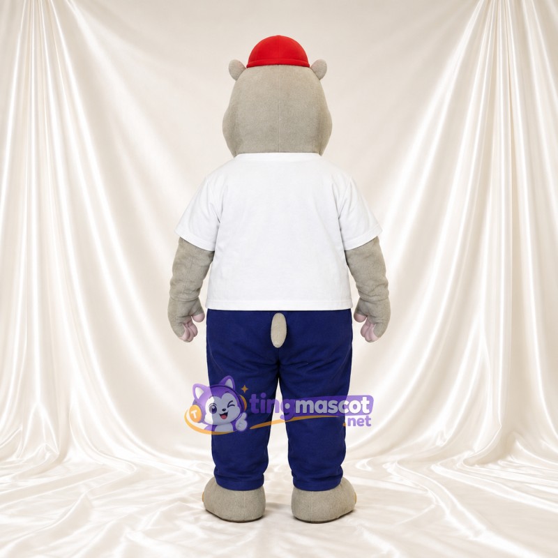 Costume de mascotte Hippopotame – gris – Chemise (blanc); Casquette (rouge) Costume de mascotte Hippopotame – gris – Chemise (blanc); Casquette (rouge)