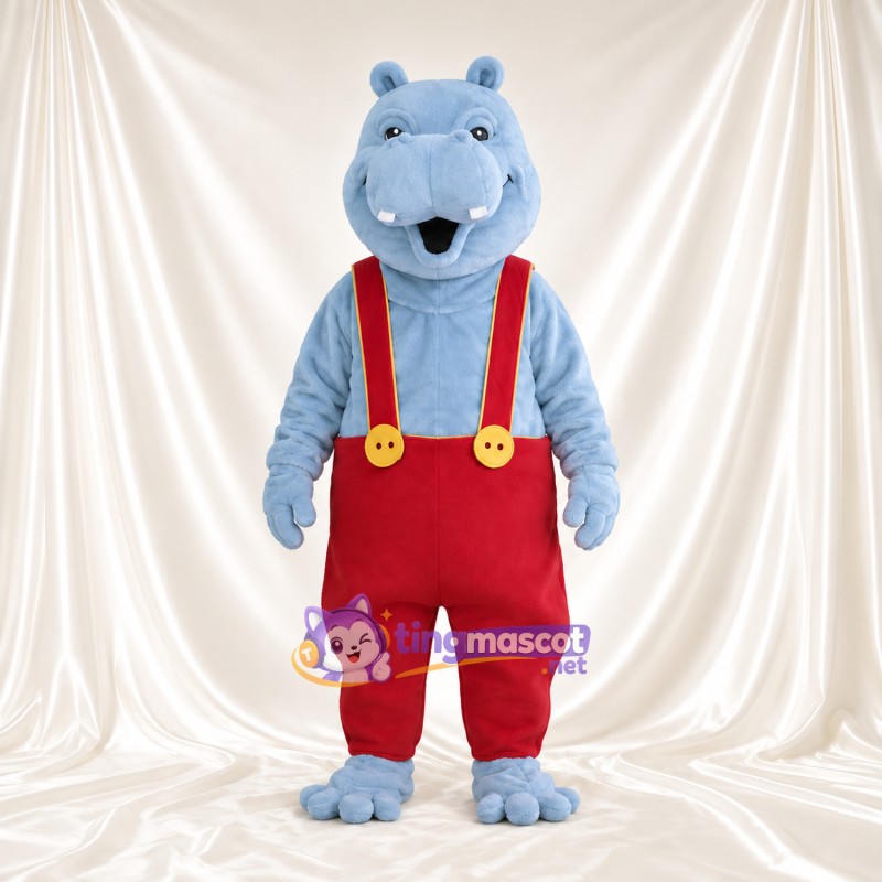 Blue Hippopotamus Mascot Costume - Red Overalls, Round Belly and Yellow Buttons Blue Hippopotamus Mascot Costume - Red Overalls, Round Belly and Yellow Buttons