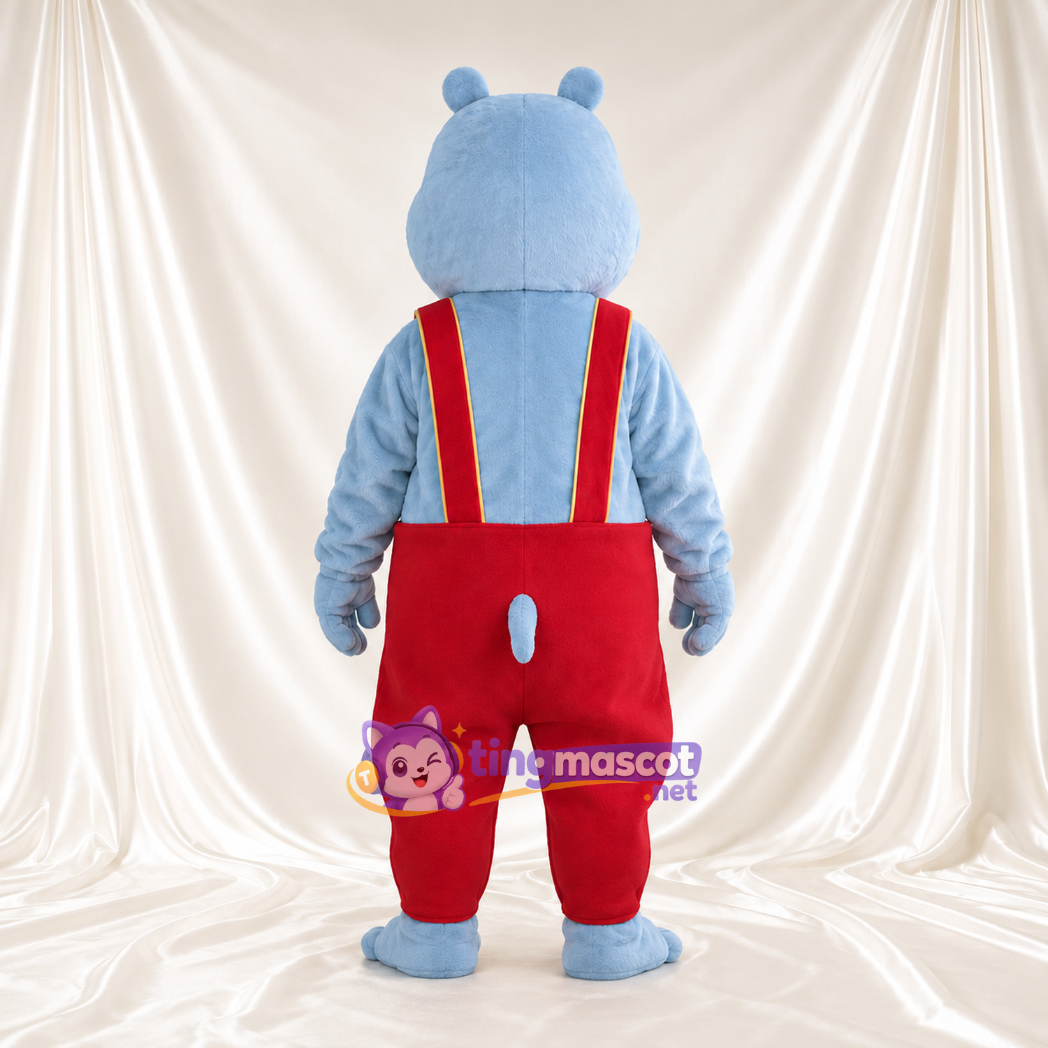 Blue Hippopotamus Mascot Costume - Red Overalls, Round Belly and Yellow Buttons Blue Hippopotamus Mascot Costume - Red Overalls, Round Belly and Yellow Buttons