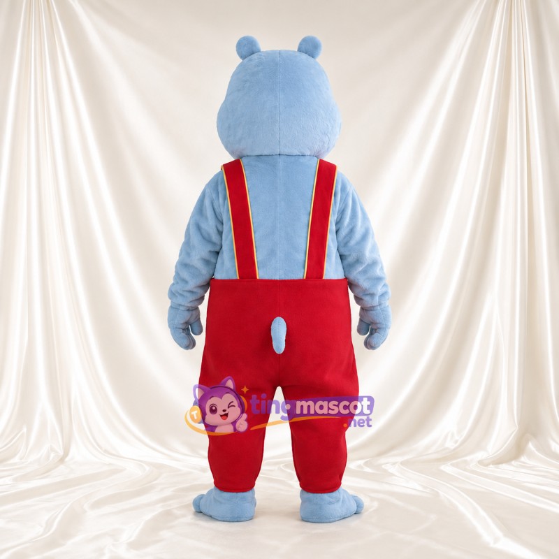 Blue Hippopotamus Mascot Costume - Red Overalls, Round Belly and Yellow Buttons Blue Hippopotamus Mascot Costume - Red Overalls, Round Belly and Yellow Buttons