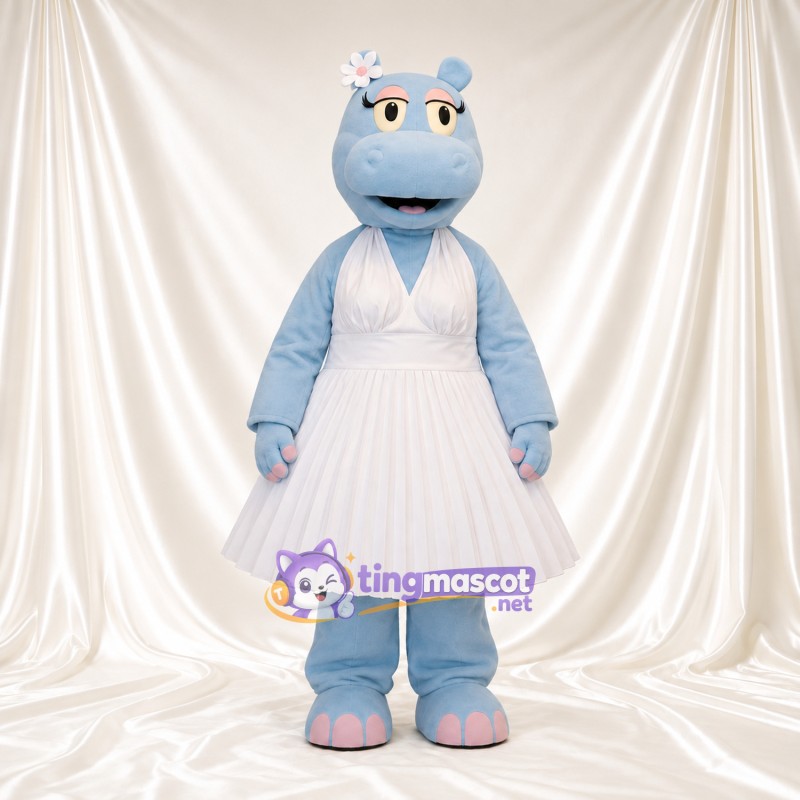 Costume de mascotte Hippopotame – bleu – Robe (blanc); Tête Costume de mascotte Hippopotame – bleu – Robe (blanc); Tête