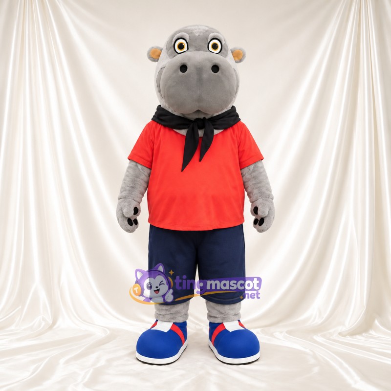 Costume de mascotte Hippopotame – gris – Chemise (rouge); Short (bleu marine)