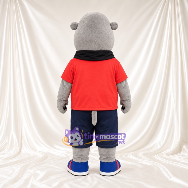 Costume de mascotte Hippopotame – gris – Chemise (rouge); Short (bleu marine) Costume de mascotte Hippopotame – gris – Chemise (rouge); Short (bleu marine)