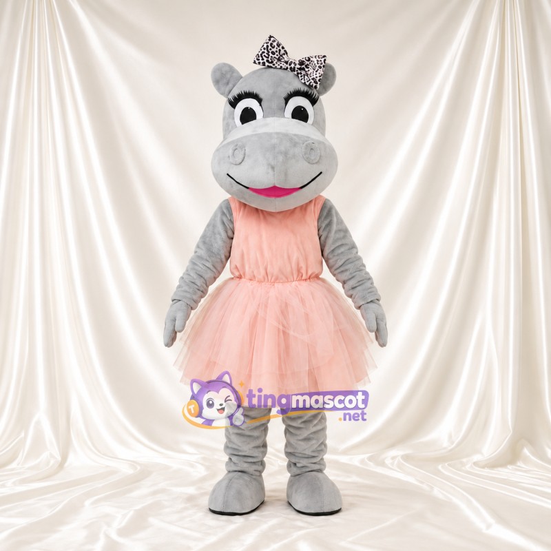 Costume de mascotte Hippopotame – gris – Robe (rose); Mains (gris)