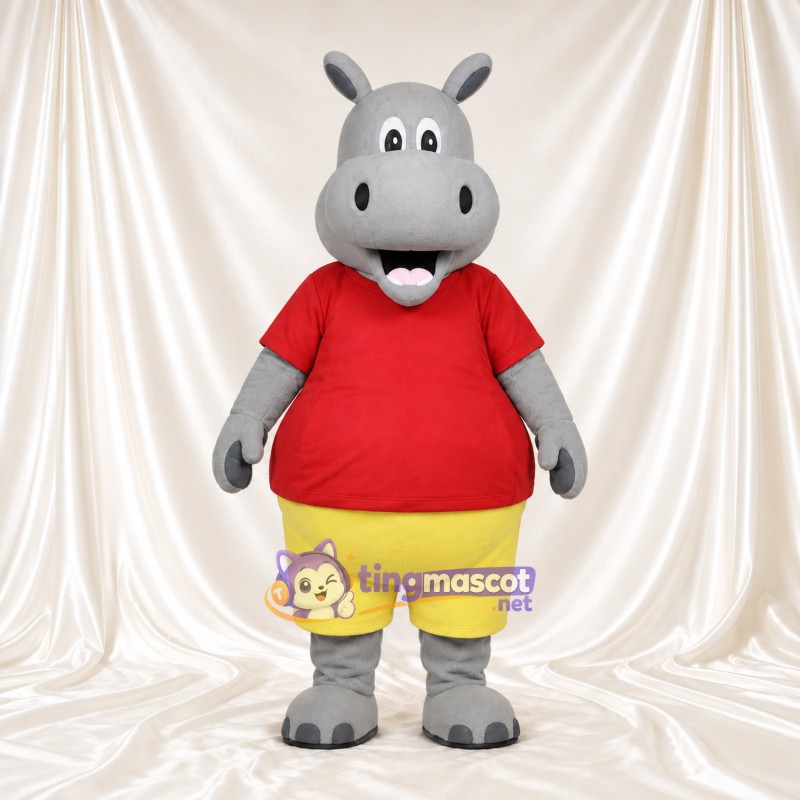 Costume de mascotte Hippopotame – gris – Chemise (rouge); Short (jaune)