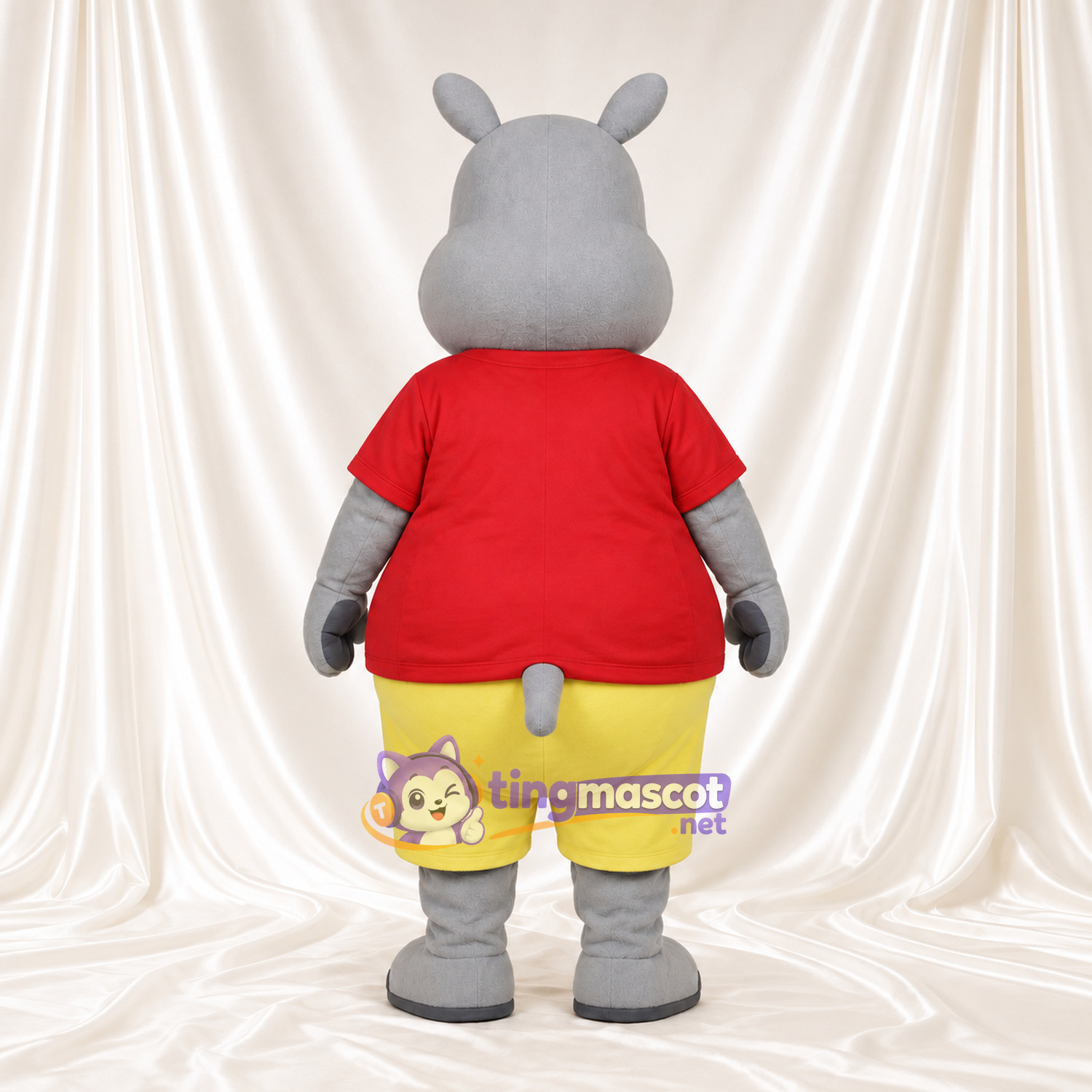 Costume de mascotte Hippopotame – gris – Chemise (rouge); Short (jaune) Costume de mascotte Hippopotame – gris – Chemise (rouge); Short (jaune)