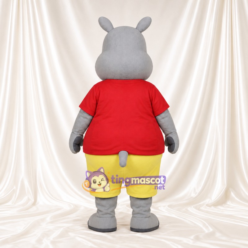 Costume de mascotte Hippopotame – gris – Chemise (rouge); Short (jaune) Costume de mascotte Hippopotame – gris – Chemise (rouge); Short (jaune)