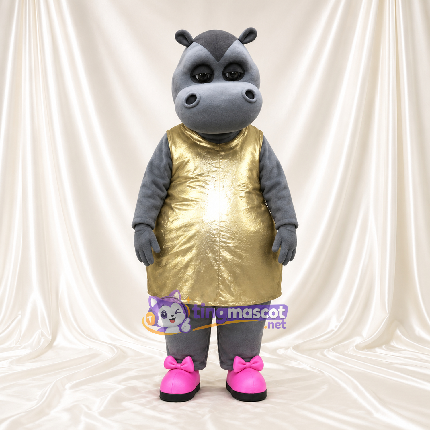 Costume de mascotte Hippopotame – gris – Robe (doré) Costume de mascotte Hippopotame – gris – Robe (doré)