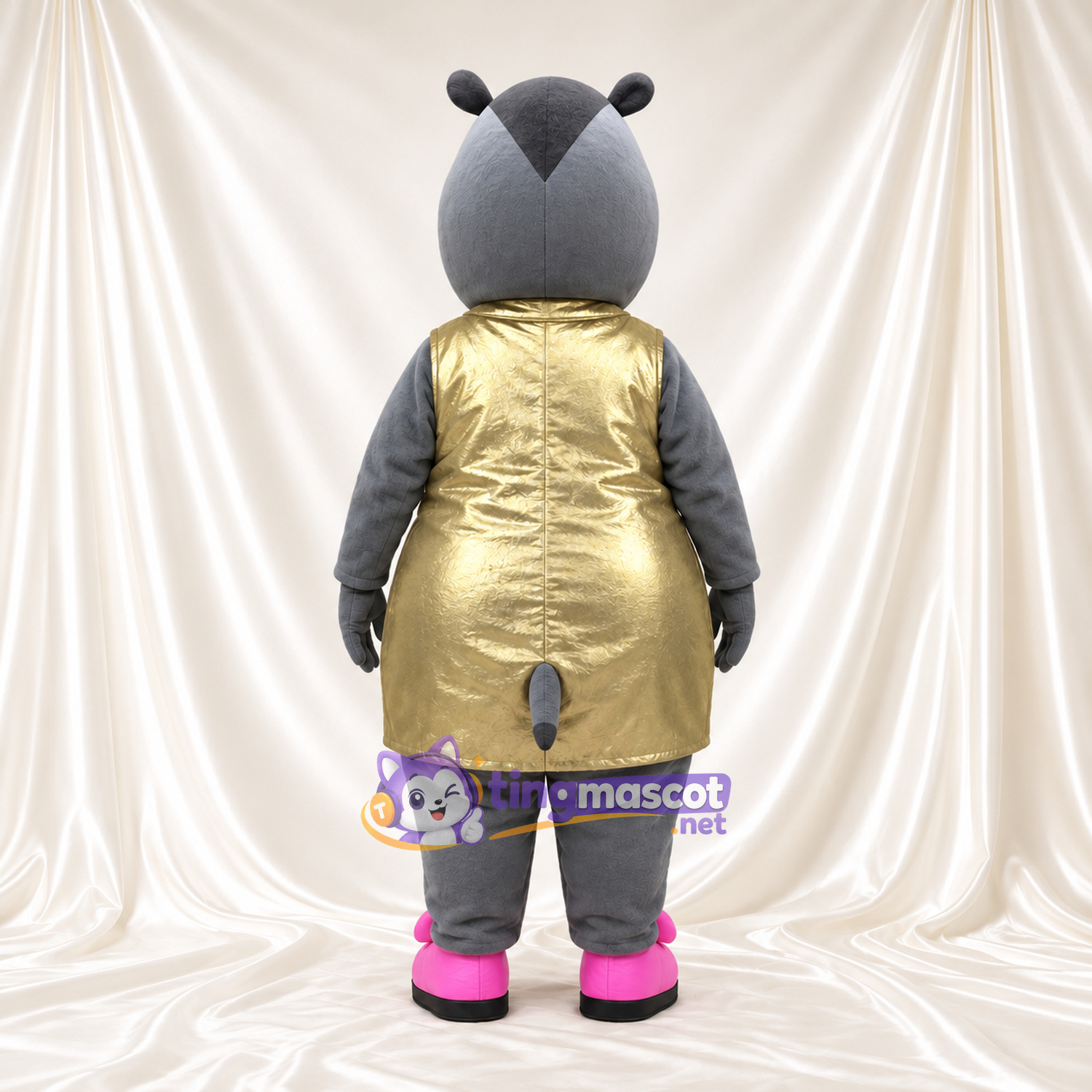 Costume de mascotte Hippopotame – gris – Robe (doré) Costume de mascotte Hippopotame – gris – Robe (doré)