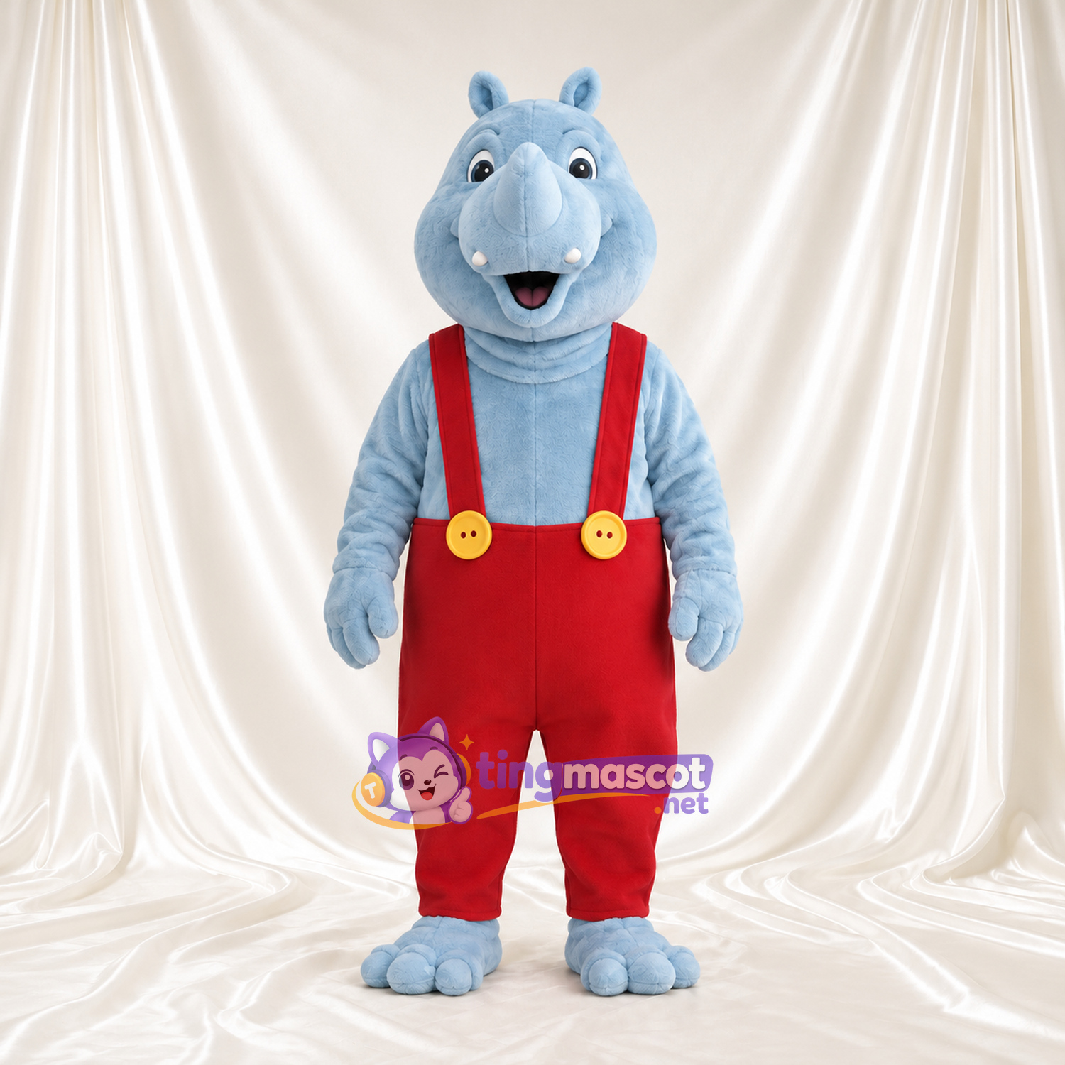 Blue Hippopotamus Mascot Costume - Red Overalls, Buck Teeth and Yellow Buttons Blue Hippopotamus Mascot Costume - Red Overalls, Buck Teeth and Yellow Buttons