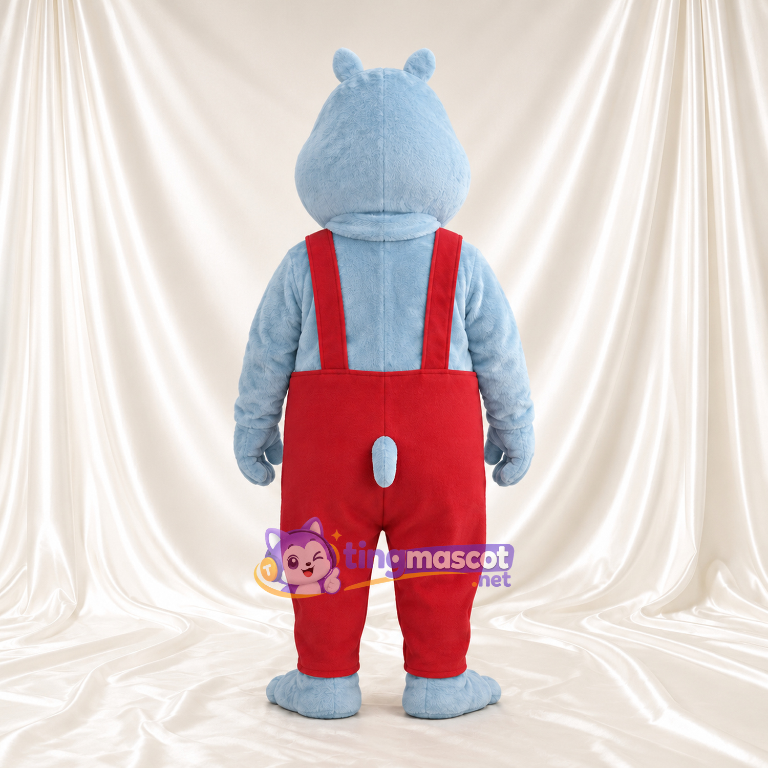 Blue Hippopotamus Mascot Costume - Red Overalls, Buck Teeth and Yellow Buttons Blue Hippopotamus Mascot Costume - Red Overalls, Buck Teeth and Yellow Buttons