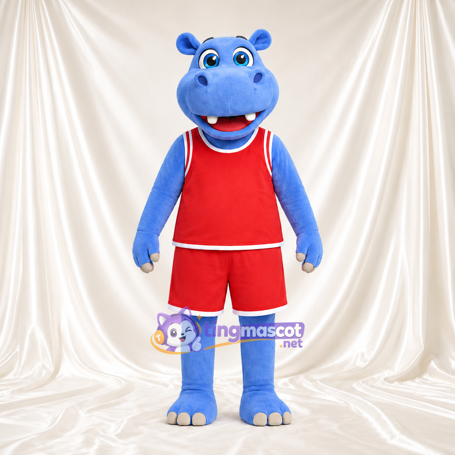 Blue Hippopotamus Mascot Costume - Red Basketball Uniform Blue Hippopotamus Mascot Costume - Red Basketball Uniform