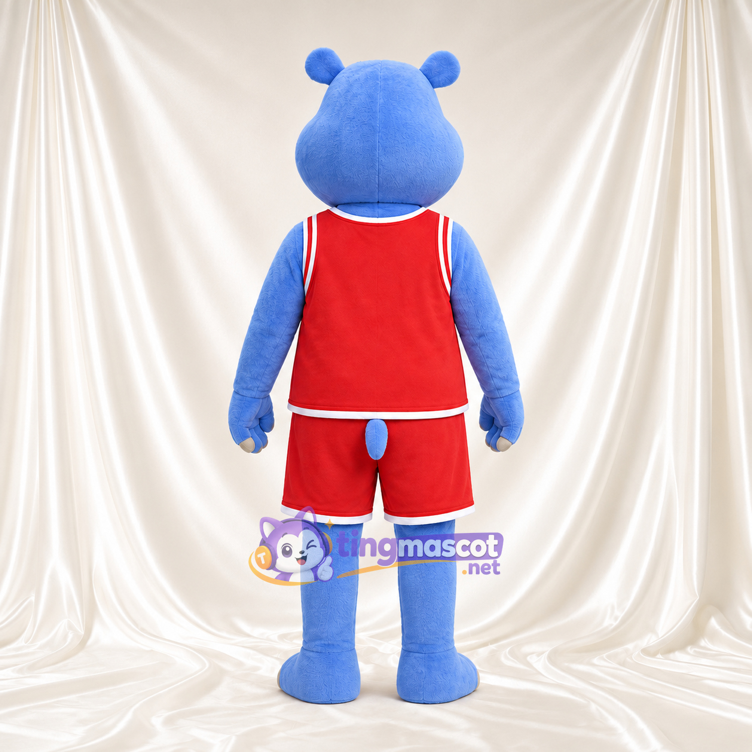 Blue Hippopotamus Mascot Costume - Red Basketball Uniform Blue Hippopotamus Mascot Costume - Red Basketball Uniform