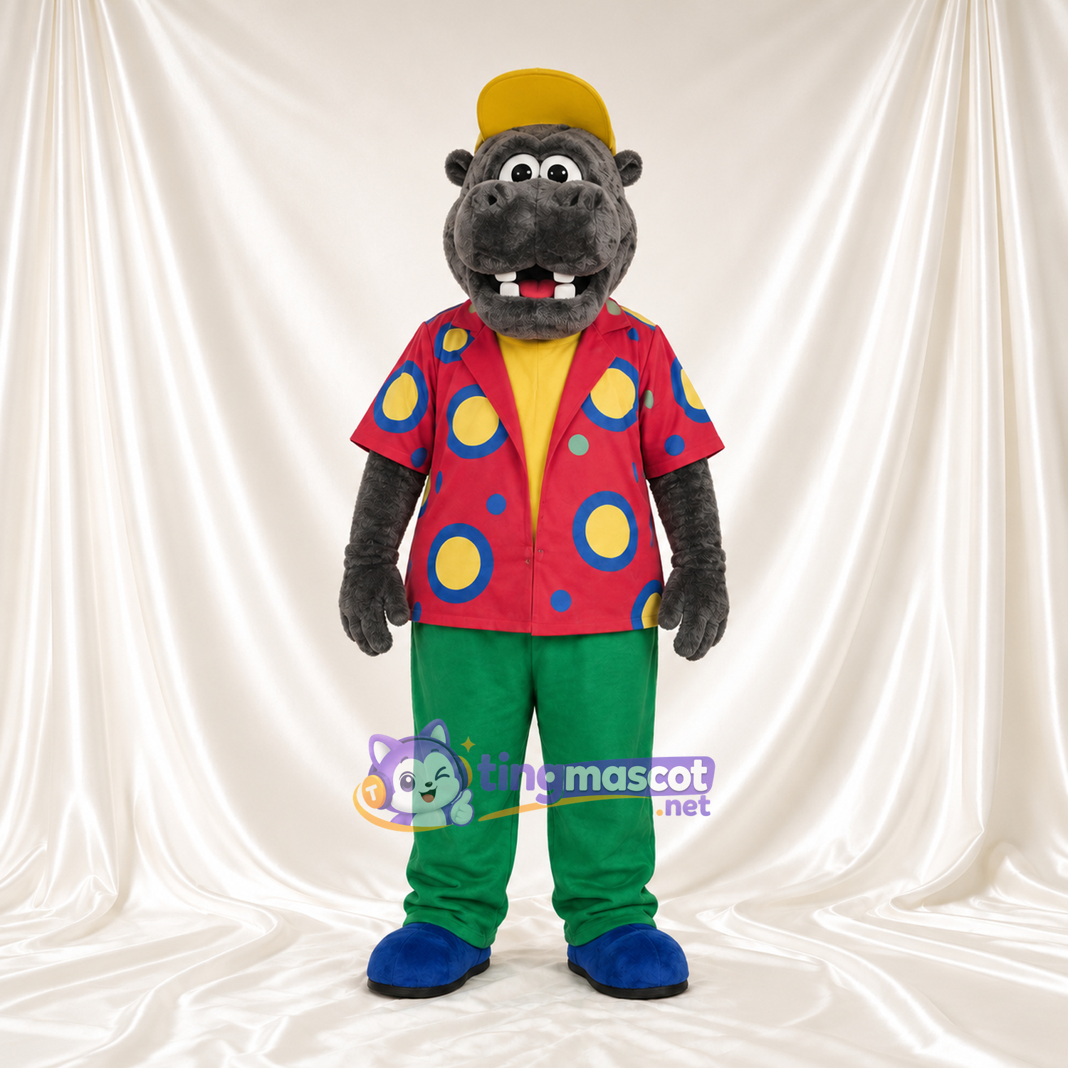 Costume de mascotte Hippopotame – gris – Chemise; Pantalon (vert) Costume de mascotte Hippopotame – gris – Chemise; Pantalon (vert)