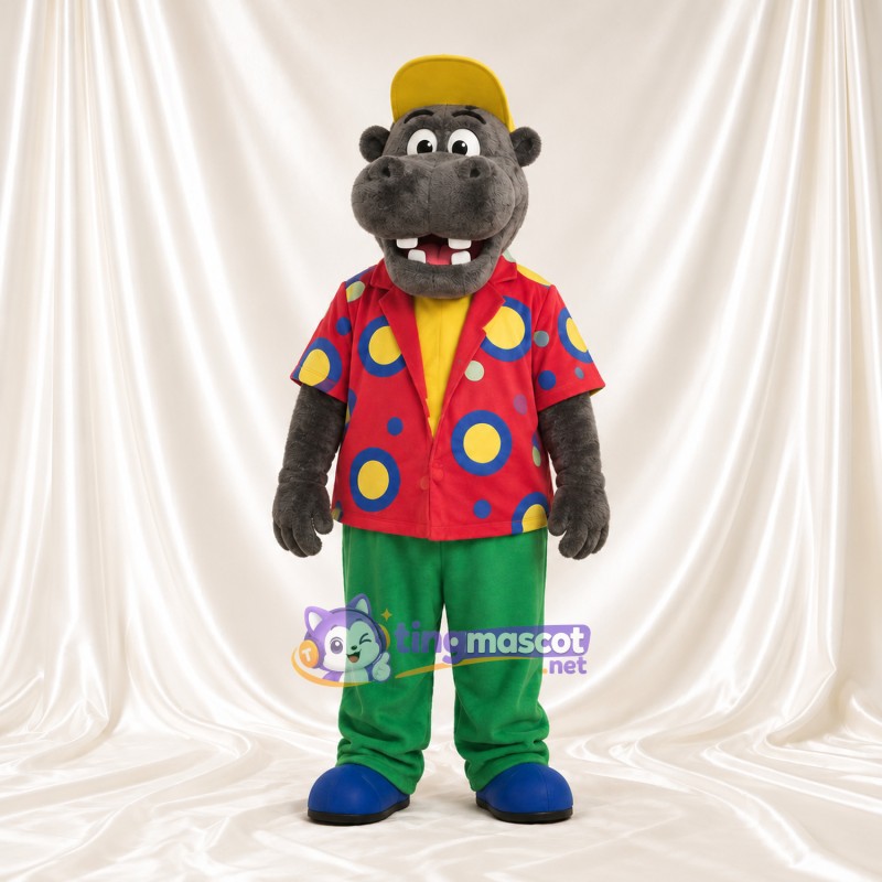 Costume de mascotte Hippopotame – gris – Chemise (multicolore); Pantalon (vert)