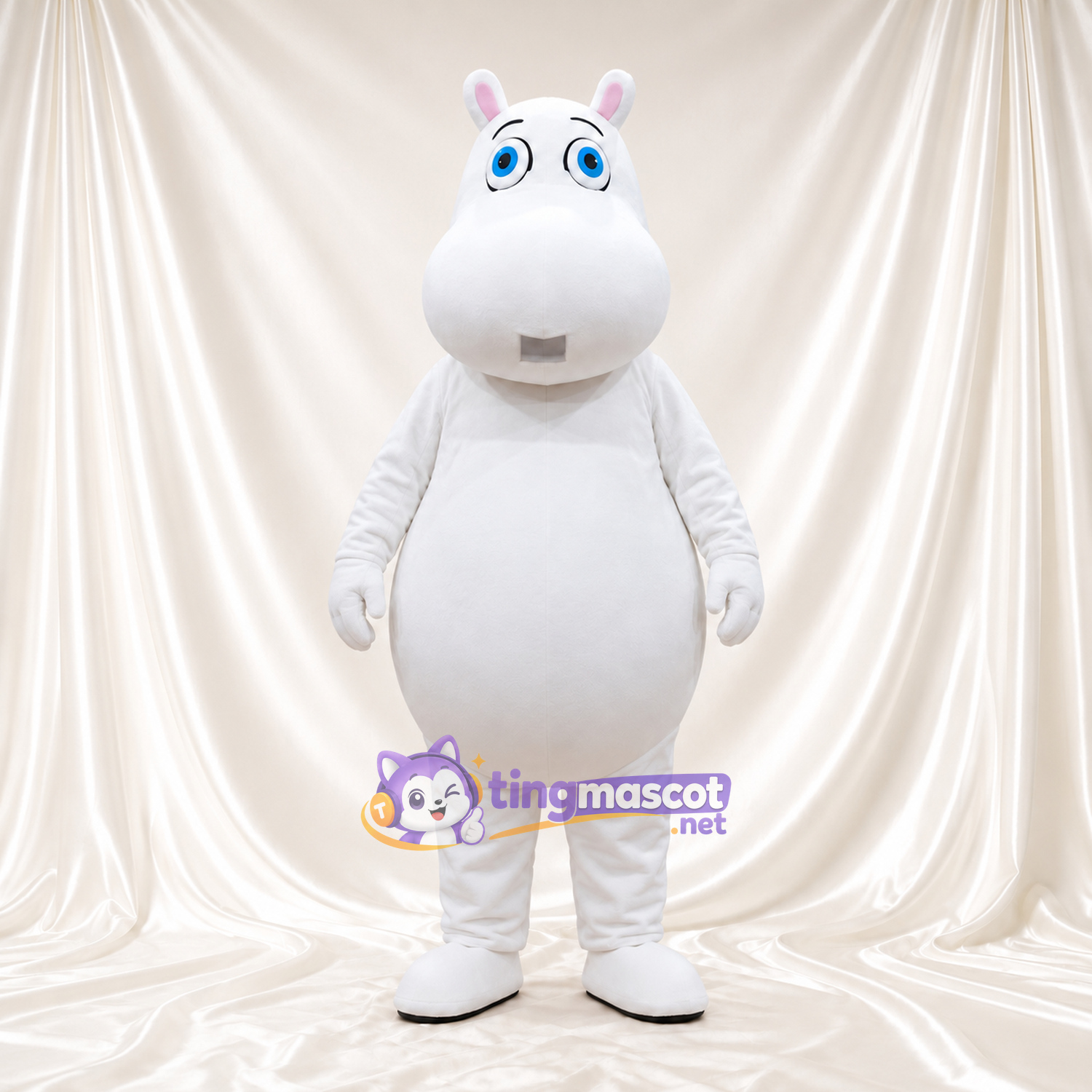 Costume de mascotte Hippopotame – blanc – Ventre rond; Yeux (bleu) Costume de mascotte Hippopotame – blanc – Ventre rond; Yeux (bleu)