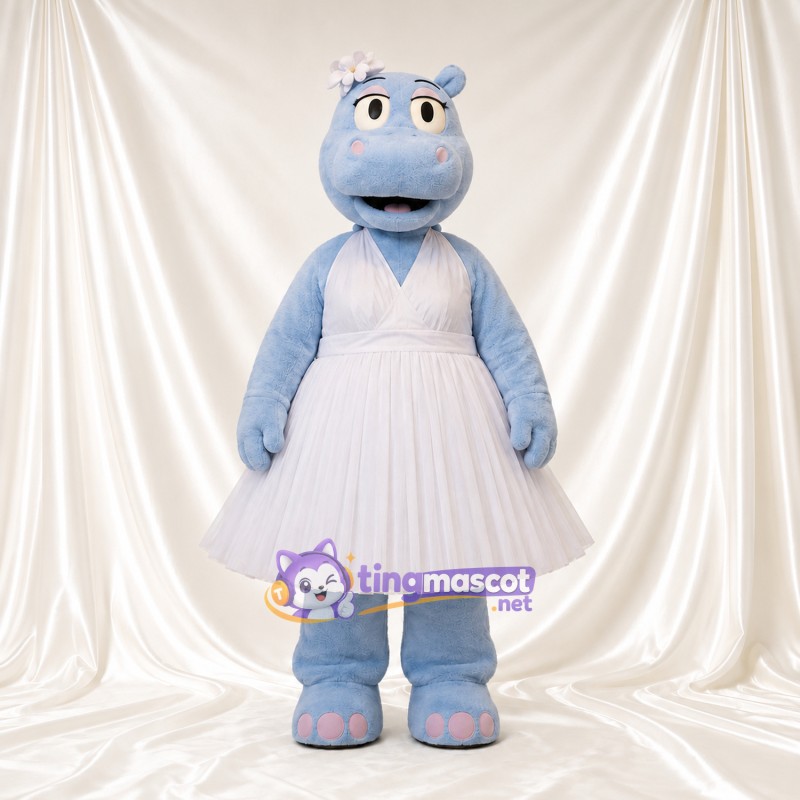 Costume de mascotte Hippopotame – bleu – Robe (blanc); Cils Costume de mascotte Hippopotame – bleu – Robe (blanc); Cils