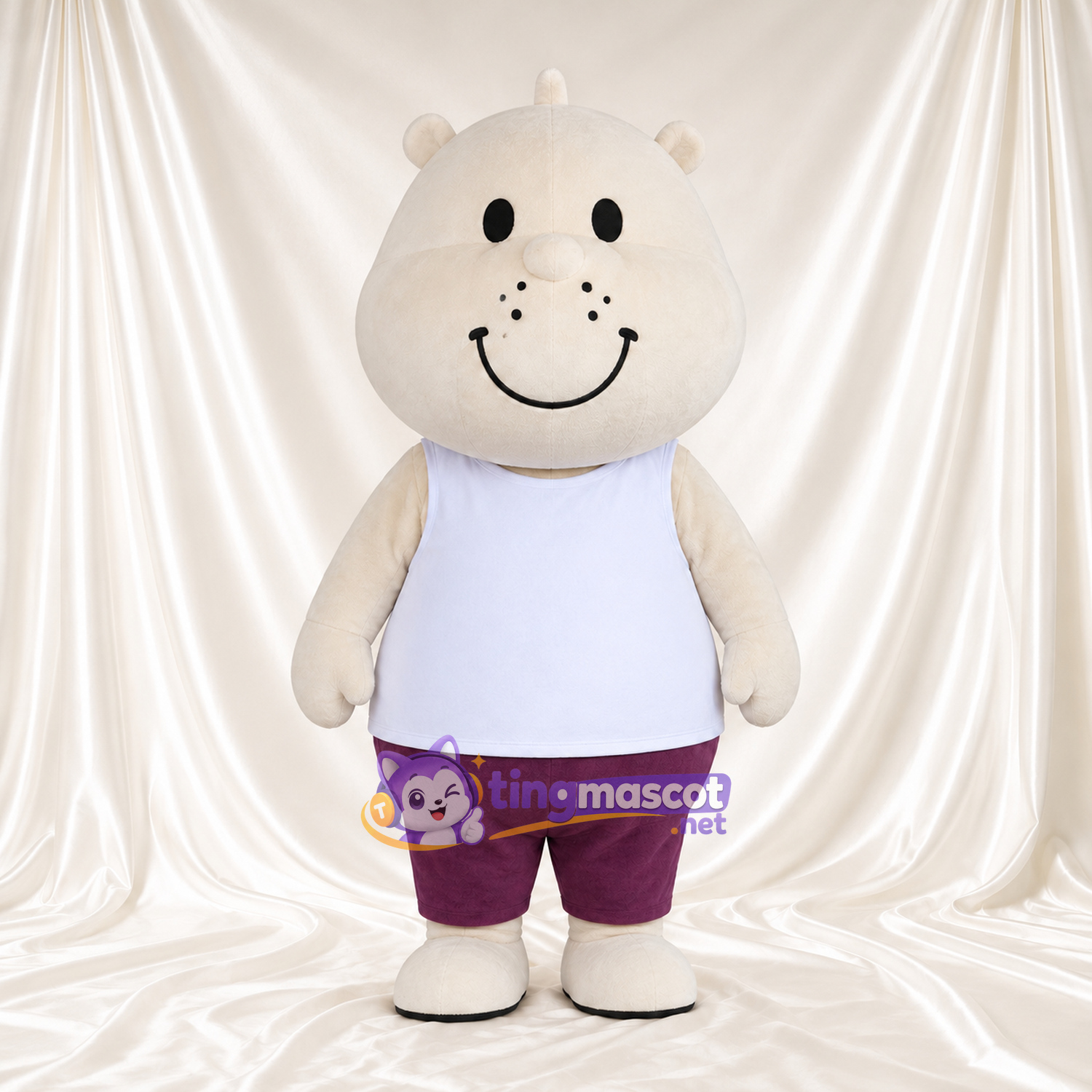 Costume de mascotte Hippopotame – blanc – T-shirt (blanc); Pantalon (violet) Costume de mascotte Hippopotame – blanc – T-shirt (blanc); Pantalon (violet)