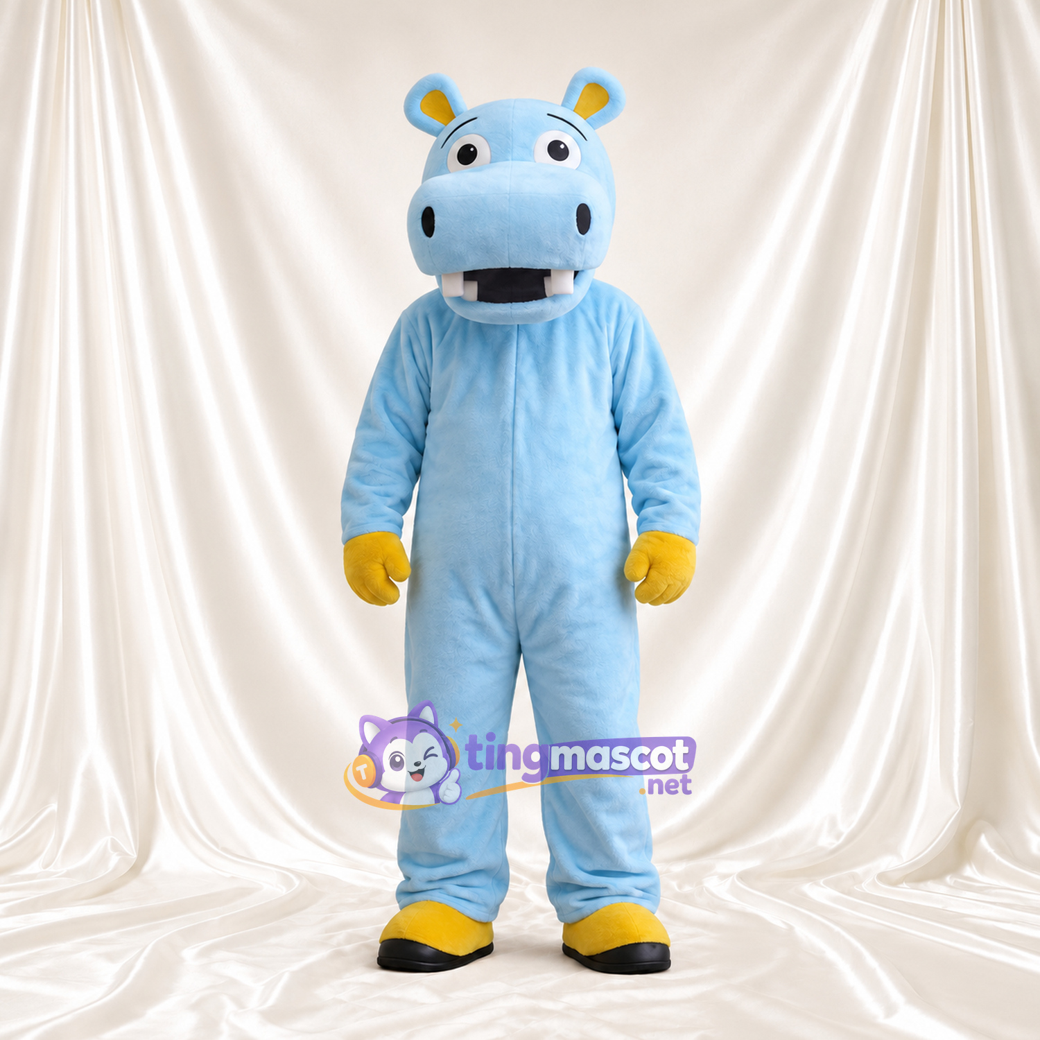 Costume de mascotte Hippopotame – bleu – Gants (jaune); Sabots (jaune) Costume de mascotte Hippopotame – bleu – Gants (jaune); Sabots (jaune)