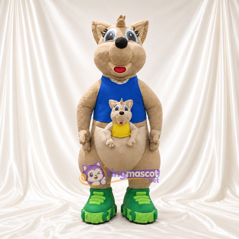 Costume de mascotte Kangourou – brun clair – Chemise (bleu); Poche ventrale Costume de mascotte Kangourou – brun clair – Chemise (bleu); Poche ventrale