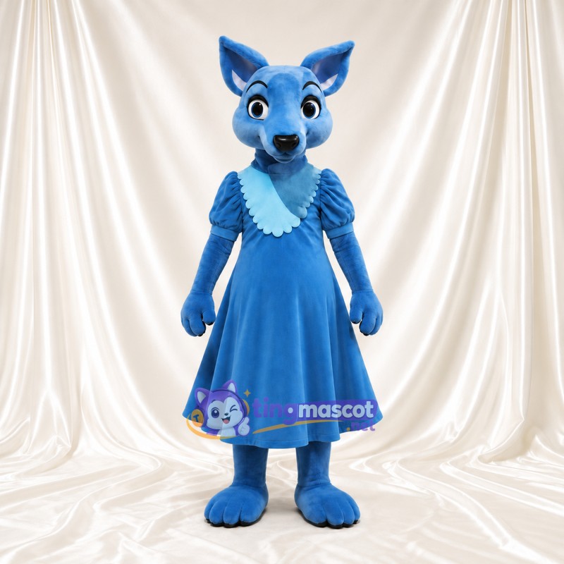Blue Kangaroo Mascot Costume - Blue Dress, Puffed Sleeves and Ruffled Collar Blue Kangaroo Mascot Costume - Blue Dress, Puffed Sleeves and Ruffled Collar