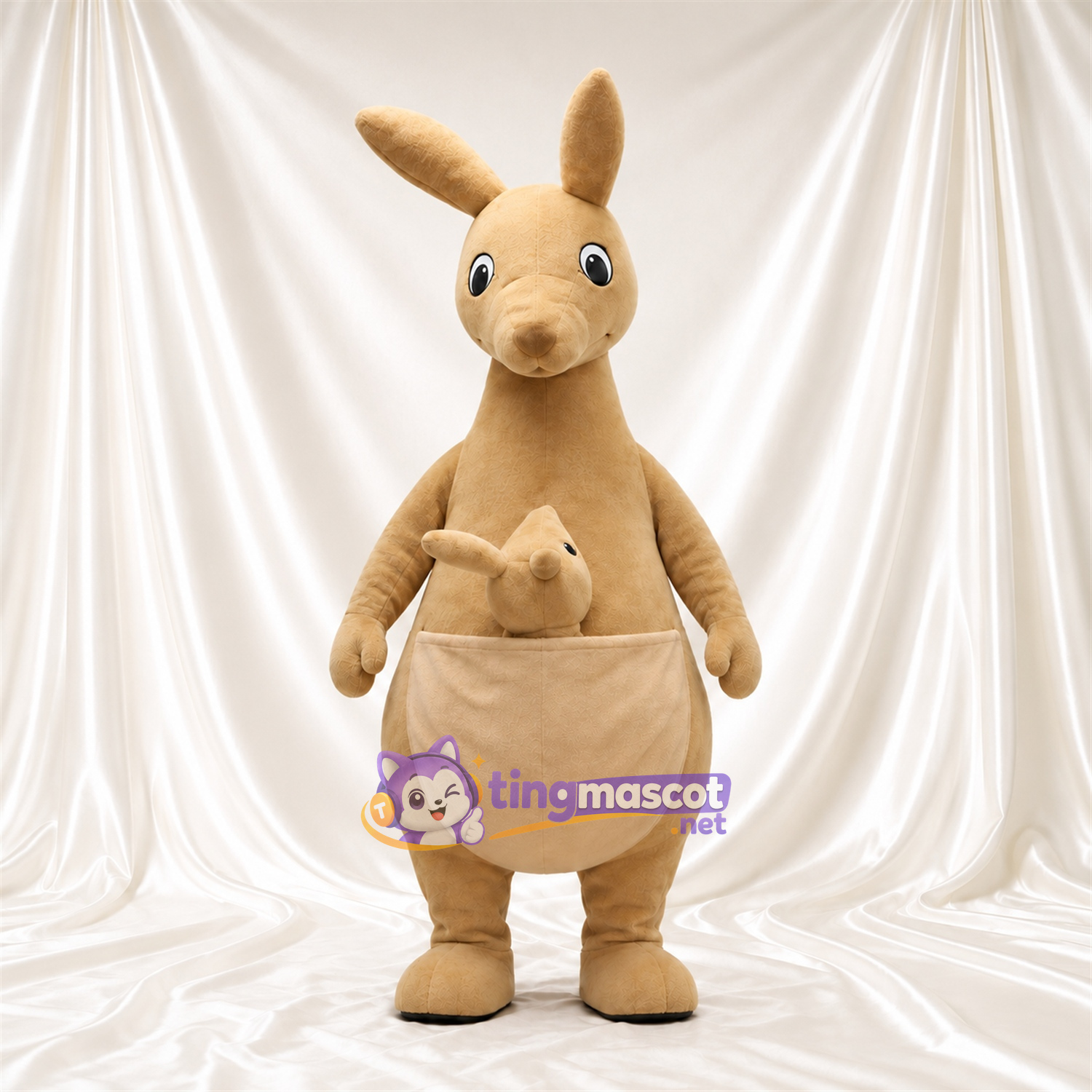 Tan Kangaroo Mascot Costume - Joey in Pouch and Large Front Pouch Tan Kangaroo Mascot Costume - Joey in Pouch and Large Front Pouch