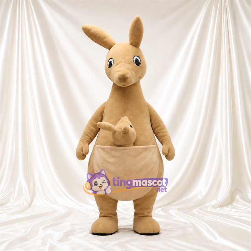 Tan Kangaroo Mascot Costume - Joey in Pouch and Large Front Pouch Tan Kangaroo Mascot Costume - Joey in Pouch and Large Front Pouch