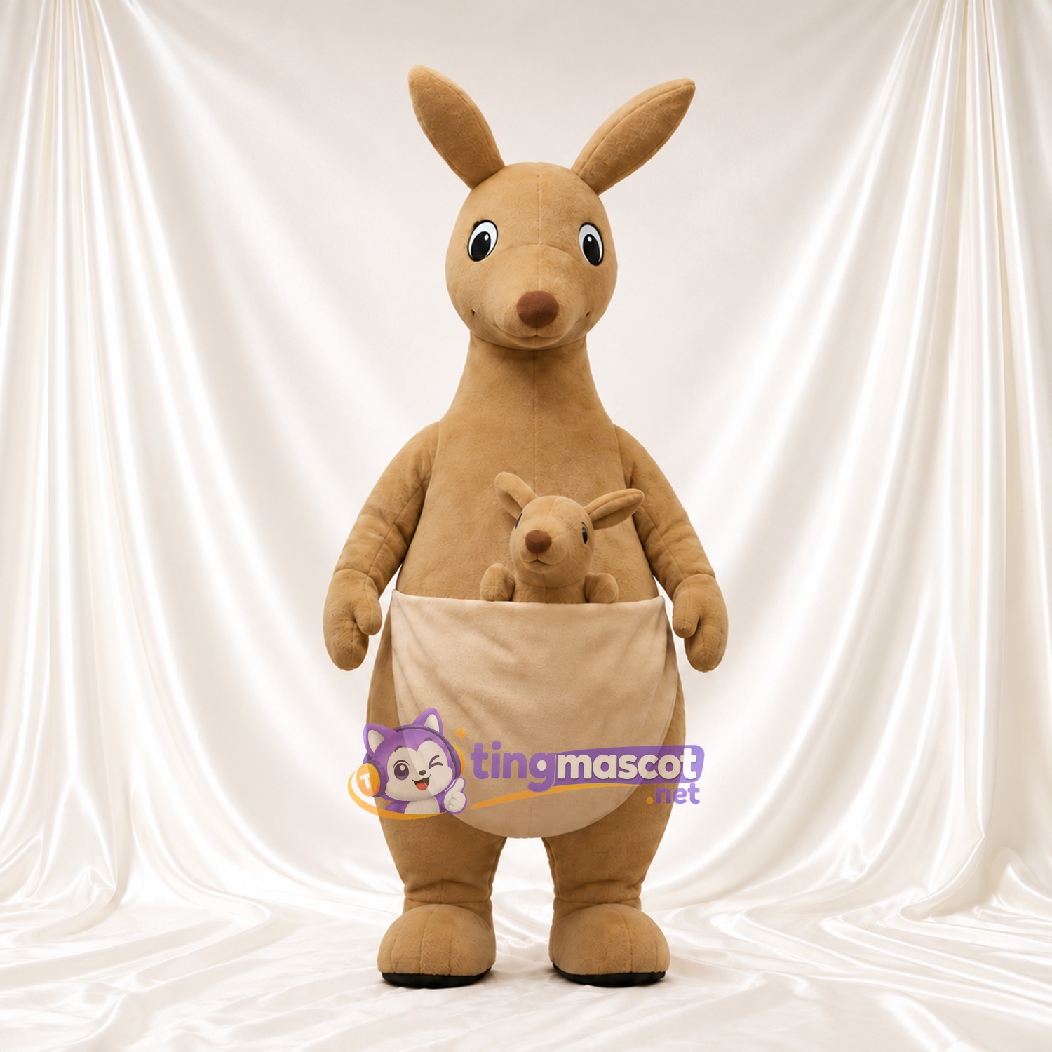 Tan Kangaroo Mascot Costume - Joey in Pouch and Large Front Pouch Tan Kangaroo Mascot Costume - Joey in Pouch and Large Front Pouch